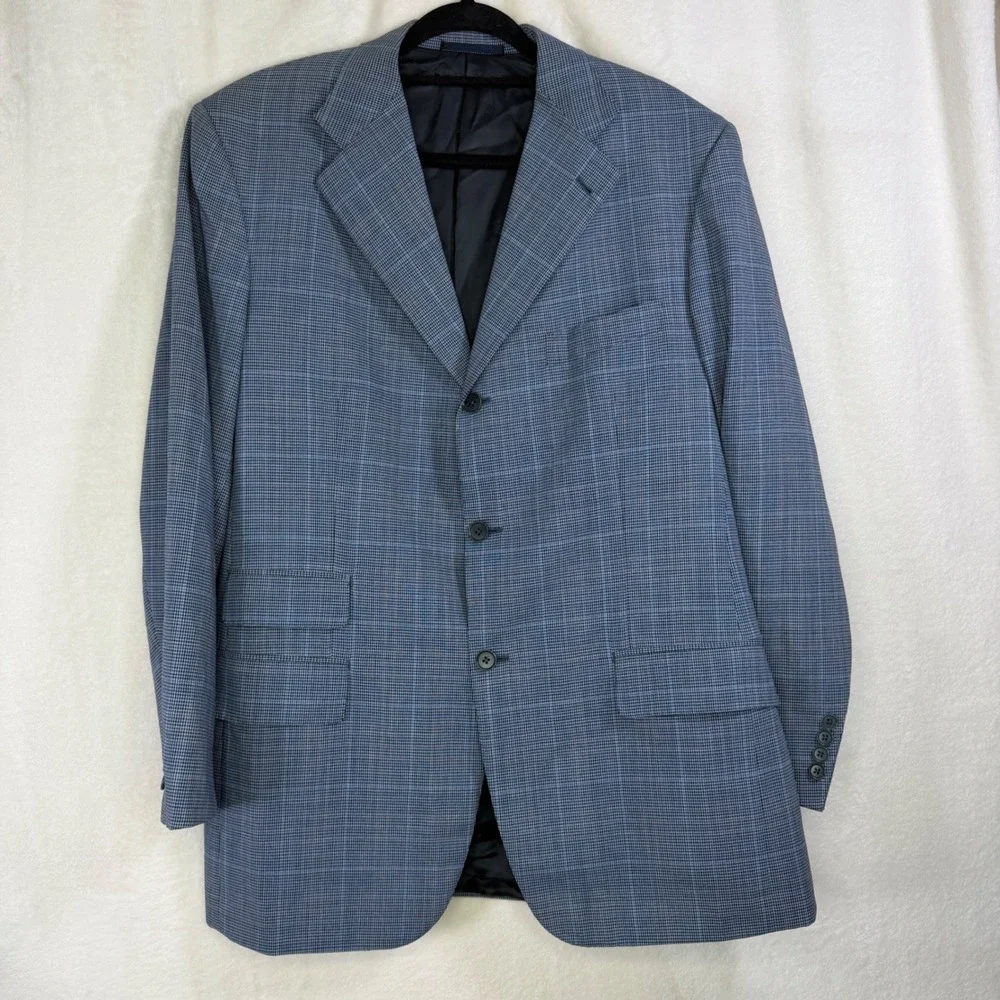 Enrico Isaia Sport Coat Mens Blue Glen Plaid Wool 3-Button Blazer Italy Zelander